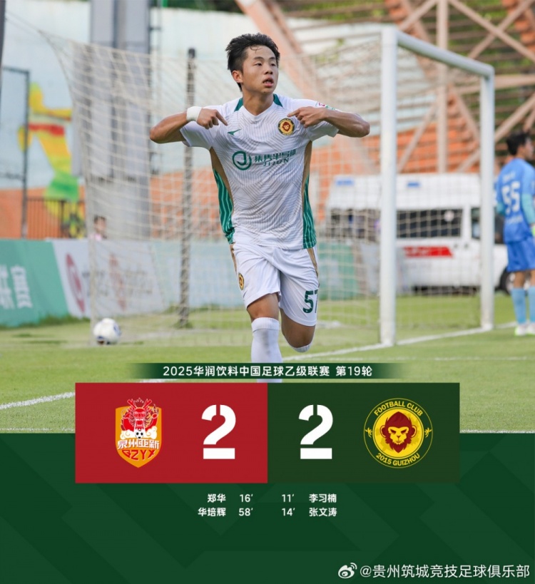 FULL TIME——中乙预赛阶段第19轮,泉州亚新2-2贵州筑城竞技